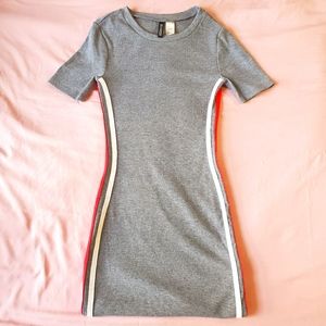 Grey Ribbed Mini Dress with Strip Detailing